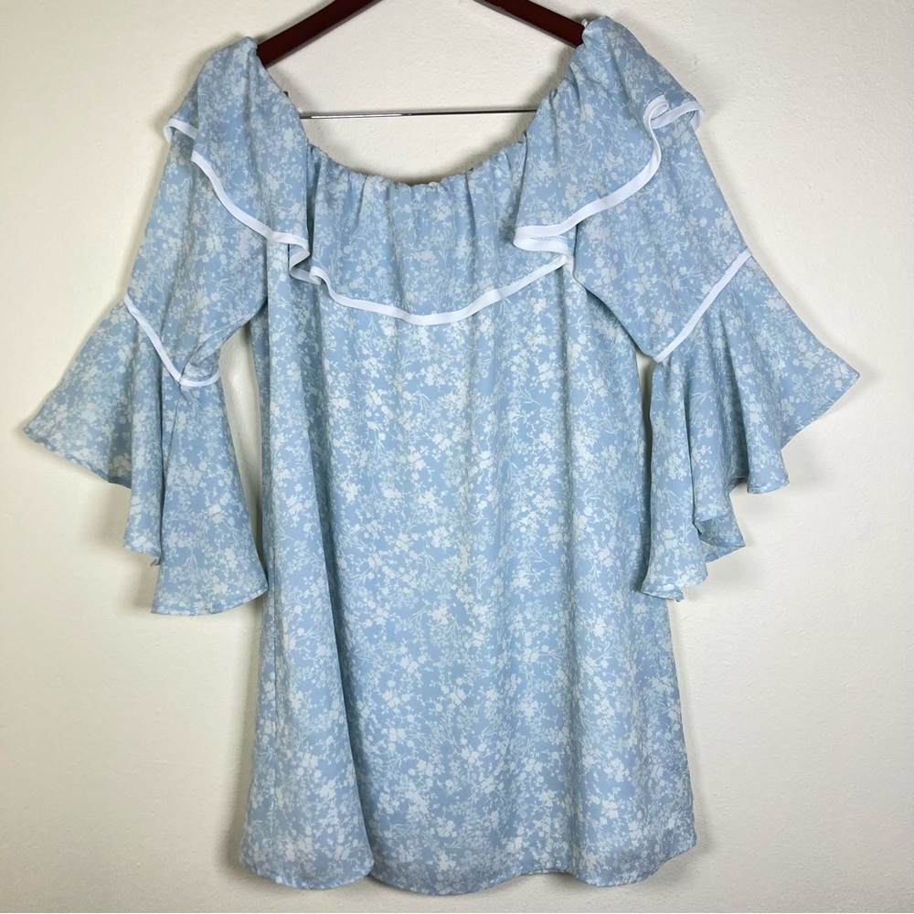 Blue Floral Off Shoulder Ruffle Bell Sleeve Tunic Top/ mini dress
